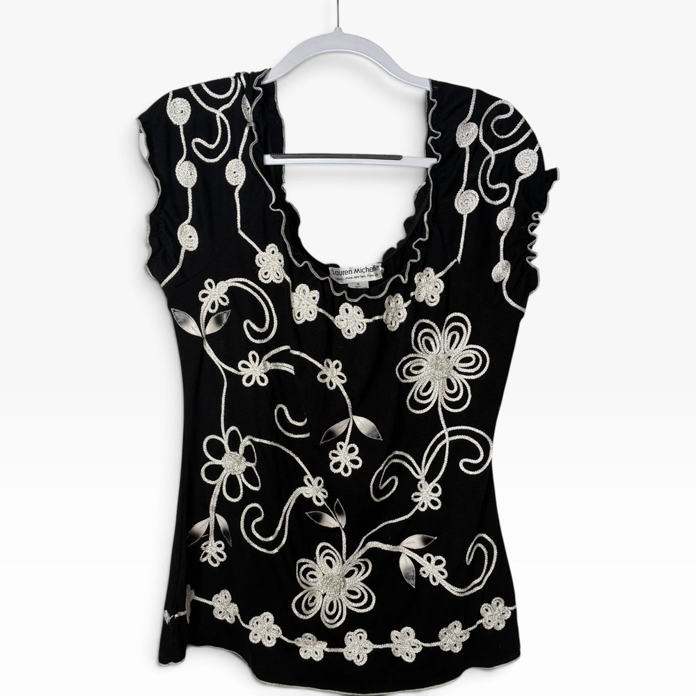 Lauren Michelle Tunic Top Size M Embroidered 3/4 Sleeves Black